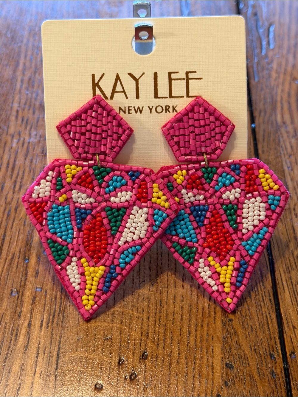 Pink Multicolor Beaded Heart Drop Earrings